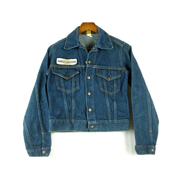 Size Kid's 14 Denim Trucker Jacket w/Harley-Davidson Patches by Sears Vintage - Picture 2 of 6